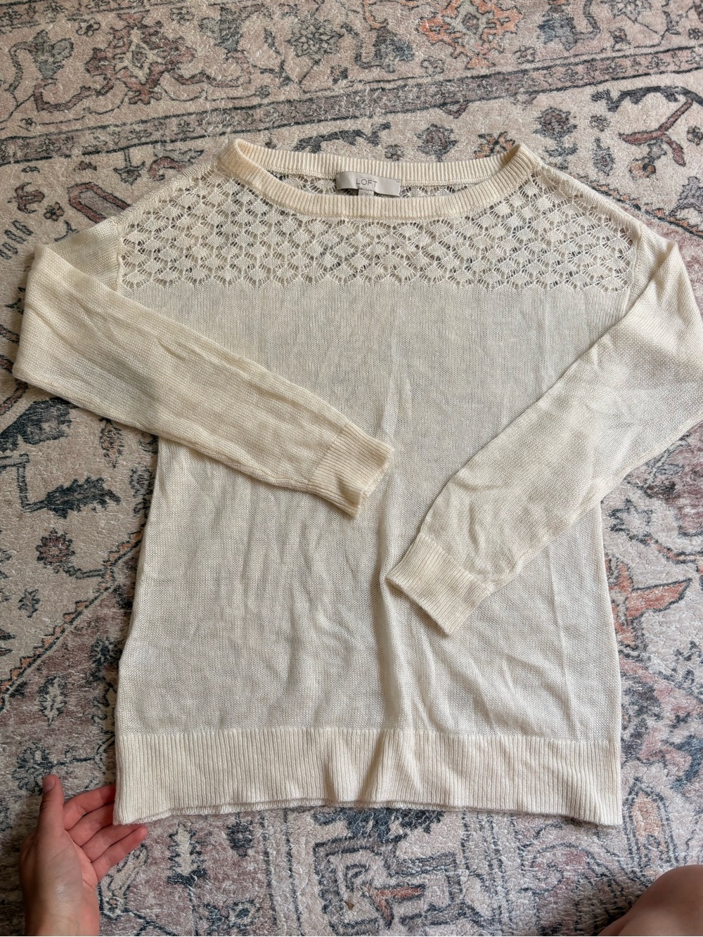 LOFT Cream Open-Knit Yoke Crewneck Sweater
